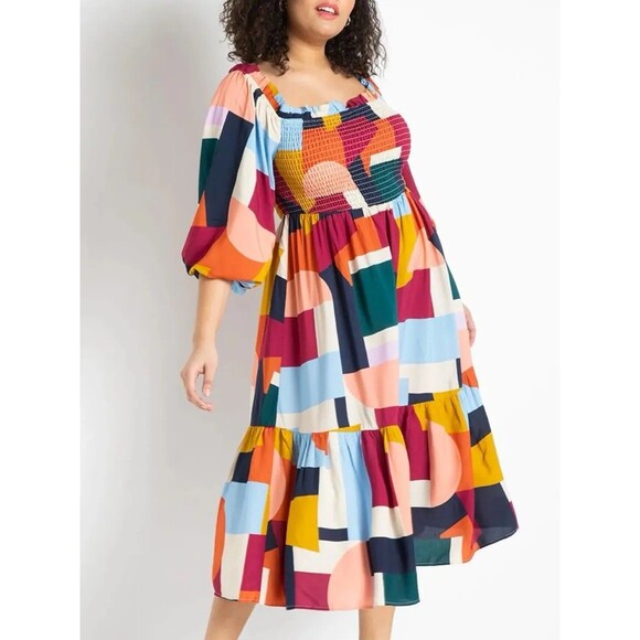 New Eloquiii Abstract Long Sleeve Smocked Square Neck Ruffle Maxi Dress Size 26 - Picture 1 of 9